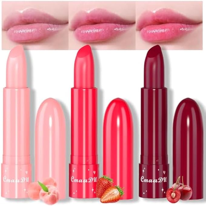 CmaaDu 3 PCS COLOR CHANGING TINTED LIP BALM, PEACH, STRAWBERRY, CHERRY, MOISTURIZING, ESSENCE LIP GLOSS, LONG LASTING COLOR CHANGE, LIGHT PINK LIPSTICK LIP TINT GLOSS FOR WOMEN - Image 1